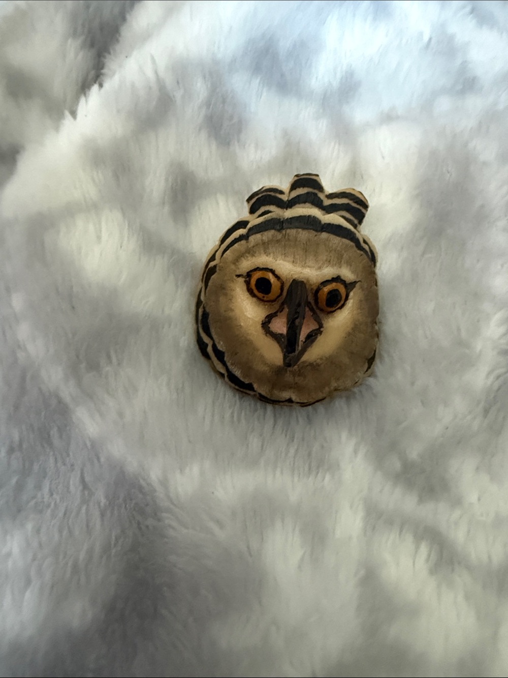 Handcrafted Owl Face necklase charm  — Beige & Black with Amber Eyes